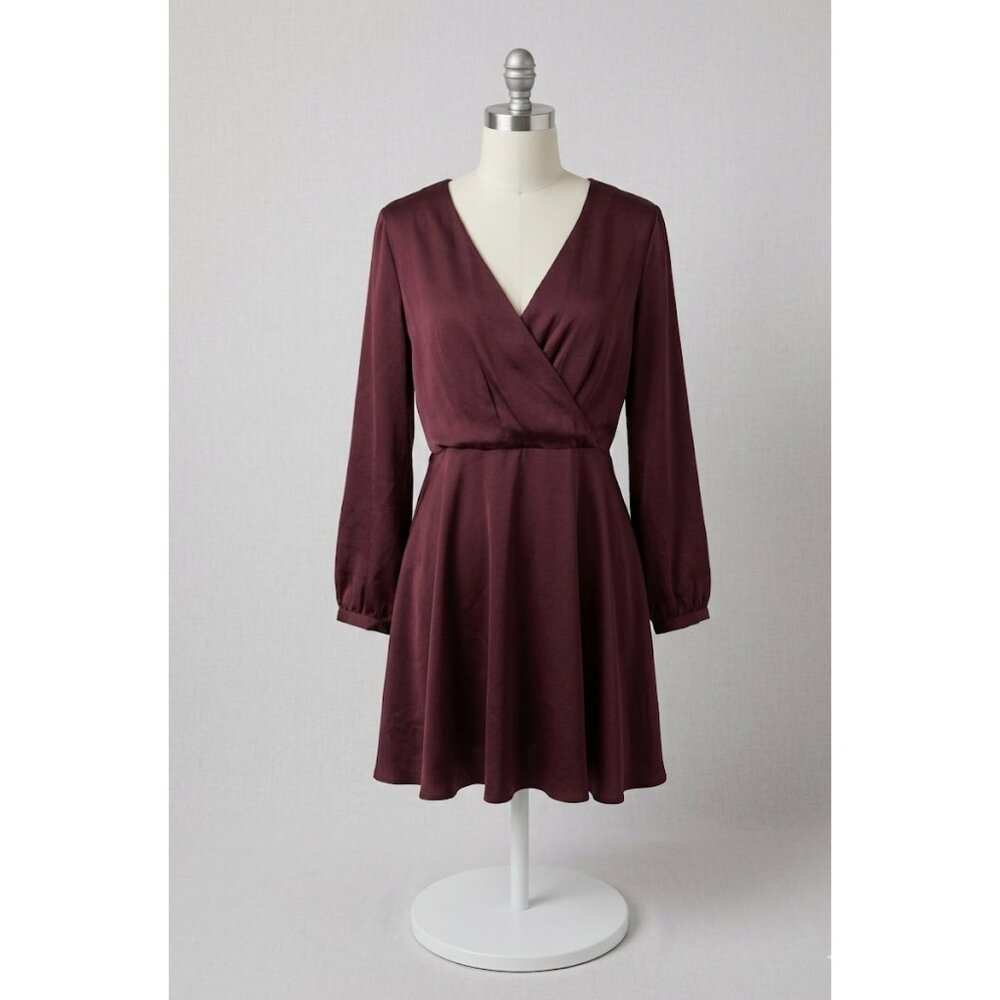 Express Burgundy Long Sleeve Mini Dress size L With Flowy Skirt & Keyhole Back C